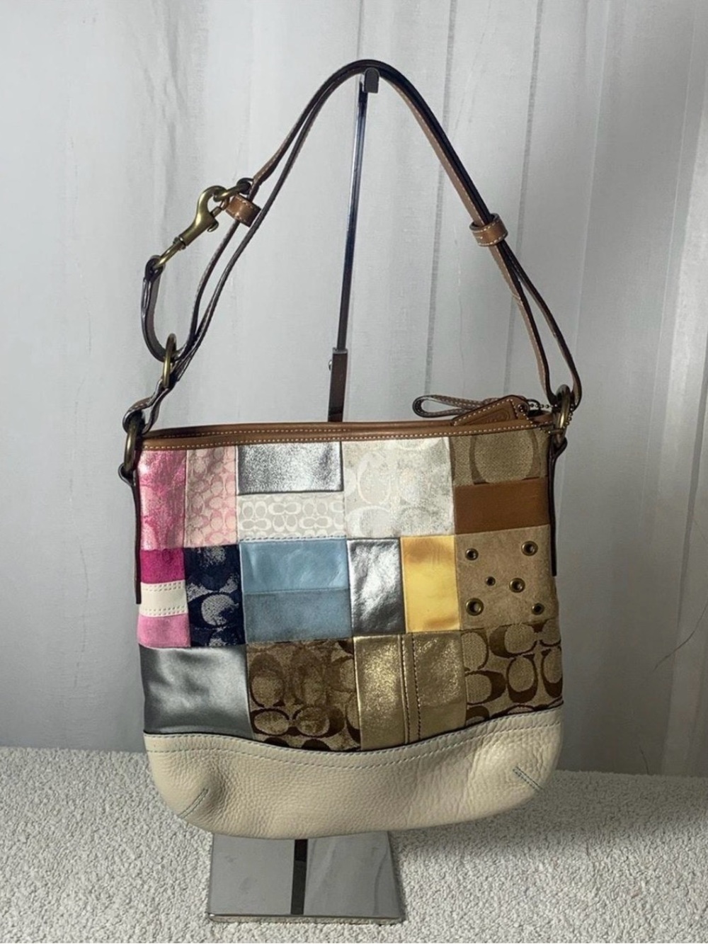 Coach Multicolor Patchwork Shoulder Bag with Leather Trim